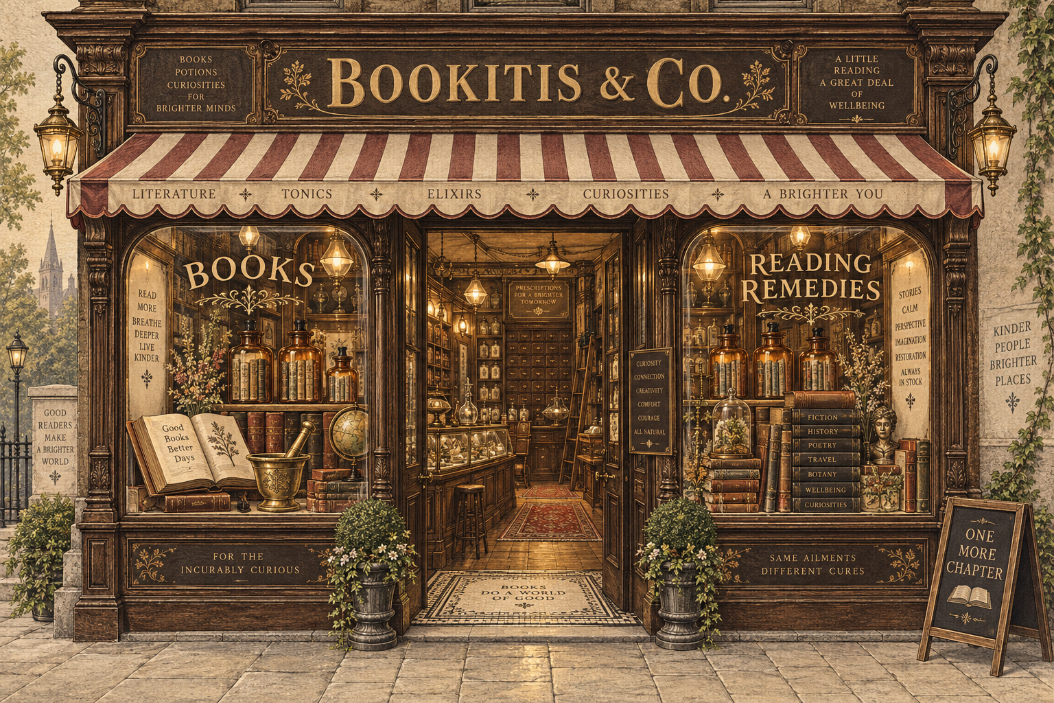 An imagined Bookitis & Co. literary chemist with carved woodwork, reading remedies, and books in its windows